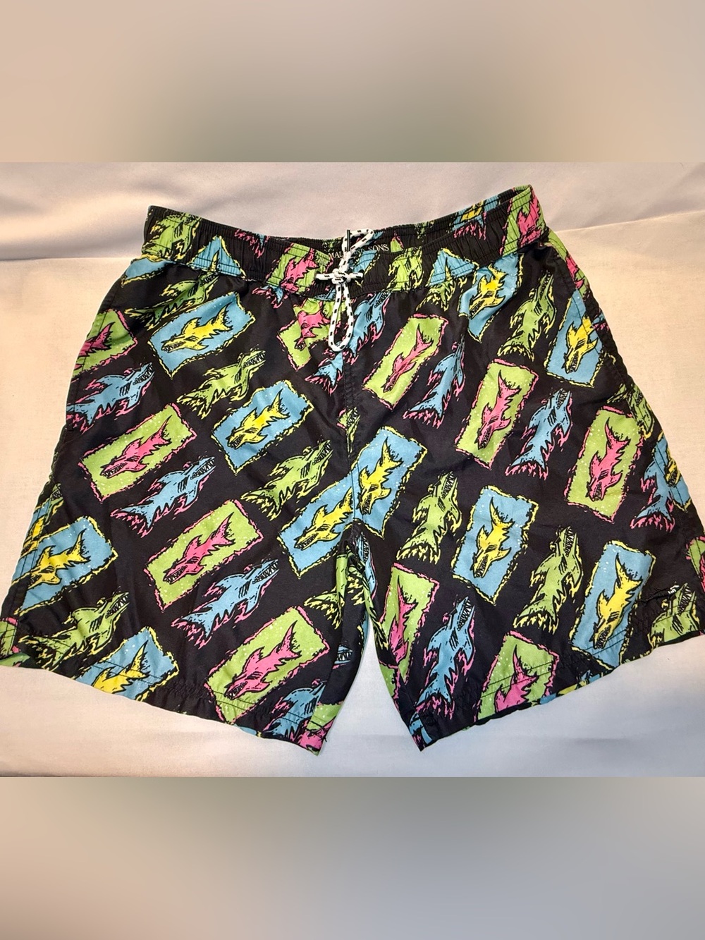Men's Black Graphic Swim Trunks with Neon Accent. Size Large